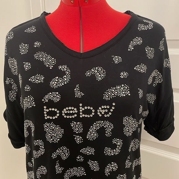 Bebe Short Sleeve Women’s Large T-shirt Crystal Letters Studded Design Black - Picture 2 of 9